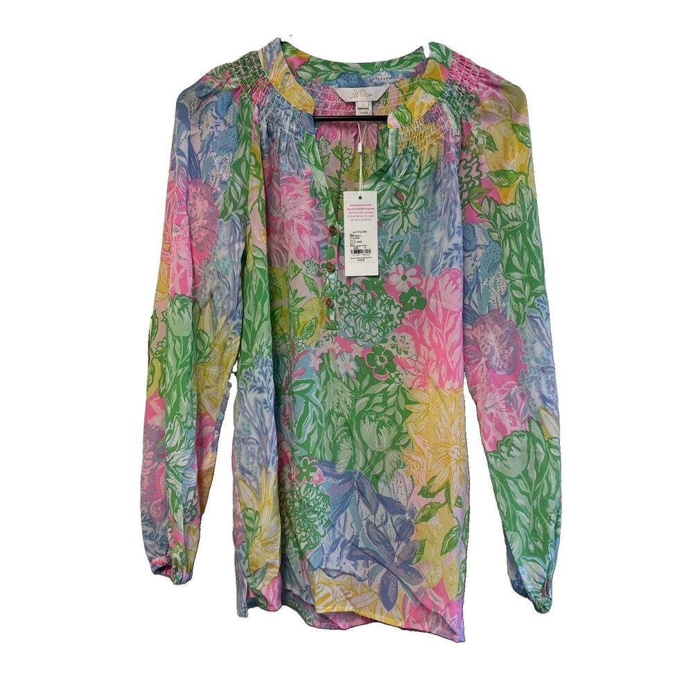 Lilly Pulitzer Multi Bright Delight Patch Elsa Top S Silk Floral V Neck Peasant
